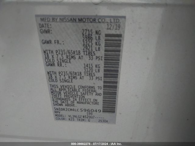5N1DR2CM4LC596049 Nissan Pathfinder Sl 4wd