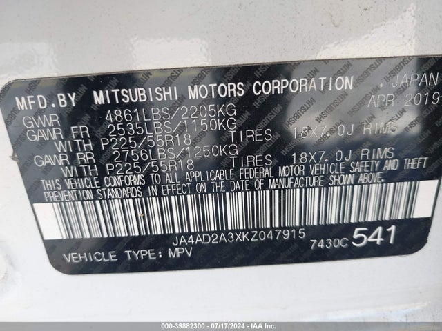 2019 MITSUBISHI OUTLANDER JA4AD2A3XKZ047915 Photo 8