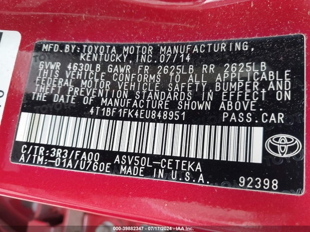 Toyota CAMRY L 2014 4T1BF1FK4EU848951 Image 9