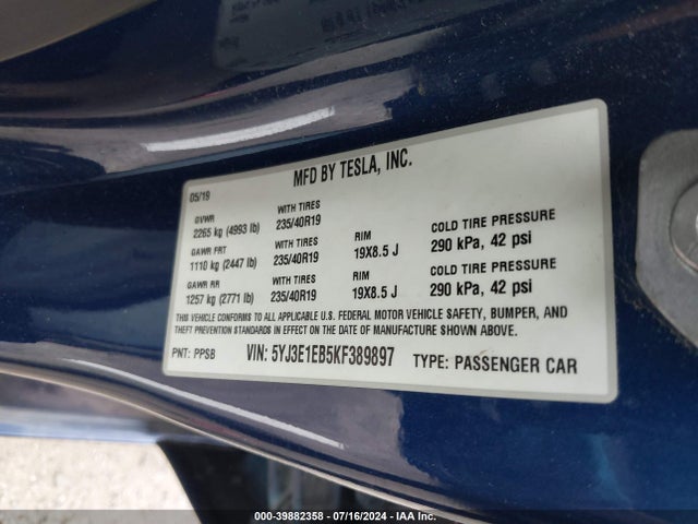 5YJ3E1EB5KF389897 Tesla Model 3 Long Range/performance