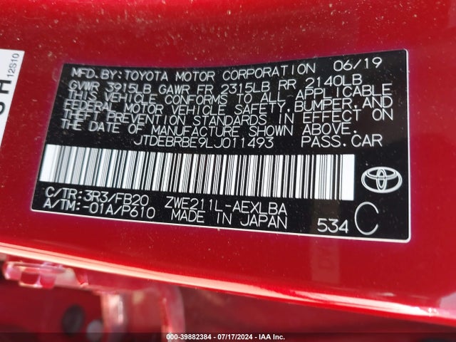 JTDEBRBE9LJ011493 Toyota Corolla Hybrid Le