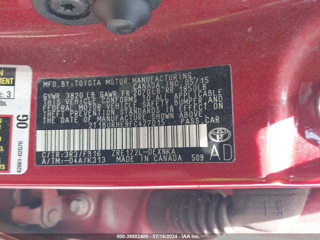 Toyota COROLLA LE 2015 2T1BURHE9FC427015 Image 9