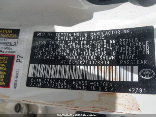4T1BK1FK7FU028909 Toyota Camry Xle V6