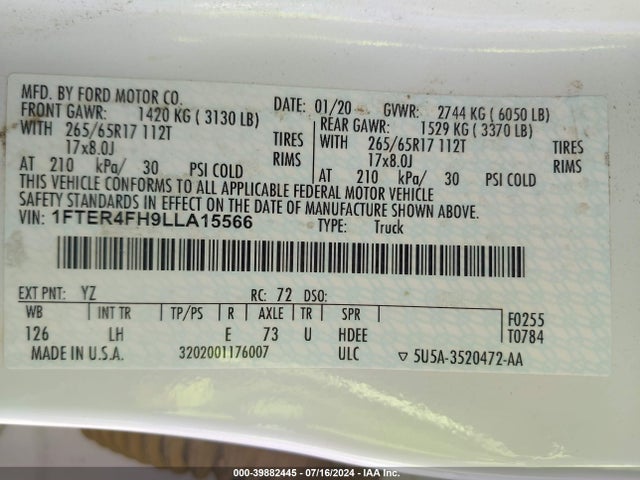 Ford RANGER XL 2020 1FTER4FH9LLA15566 Image 9