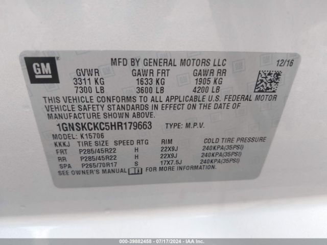 1GNSKCKC5HR179663 Chevrolet Tahoe Premier