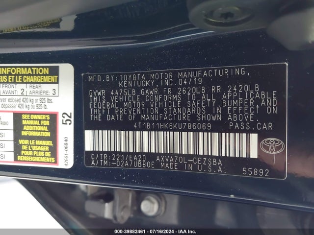 Toyota CAMRY SE 2019 4T1B11HK6KU786069 Image 9