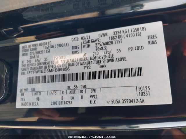 1FTFW1ED3MFB09856 Ford F-150 Platinum