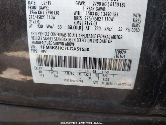 1FM5K8HC7LGA51550 Ford Explorer Platinum