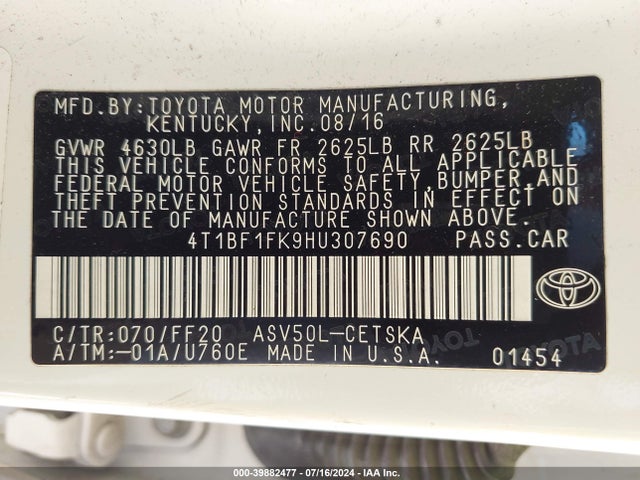 Toyota CAMRY SE 2017 4T1BF1FK9HU307690 Image 9