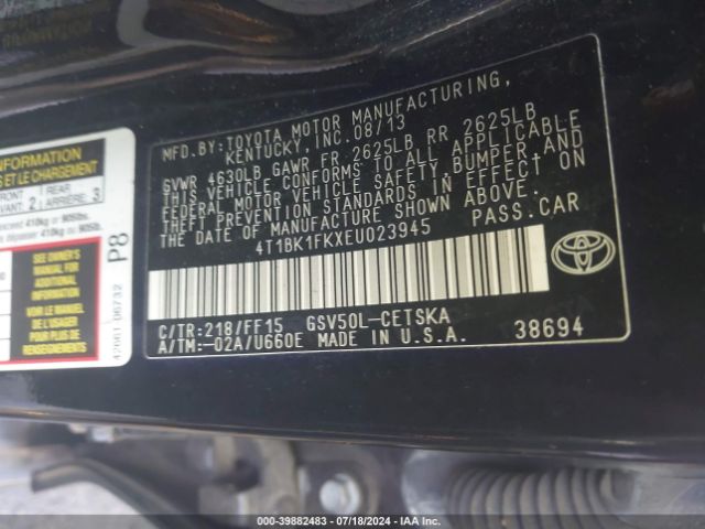 4T1BK1FKXEU023945 Toyota Camry Se V6