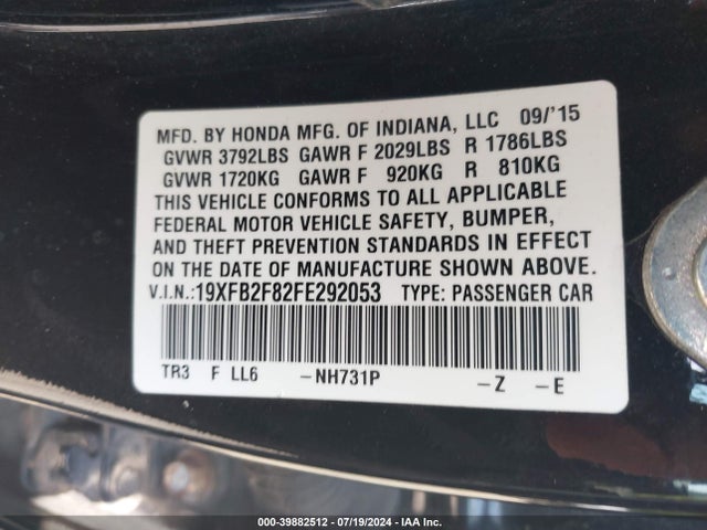Honda CIVIC EX 2015 19XFB2F82FE292053 Image 9