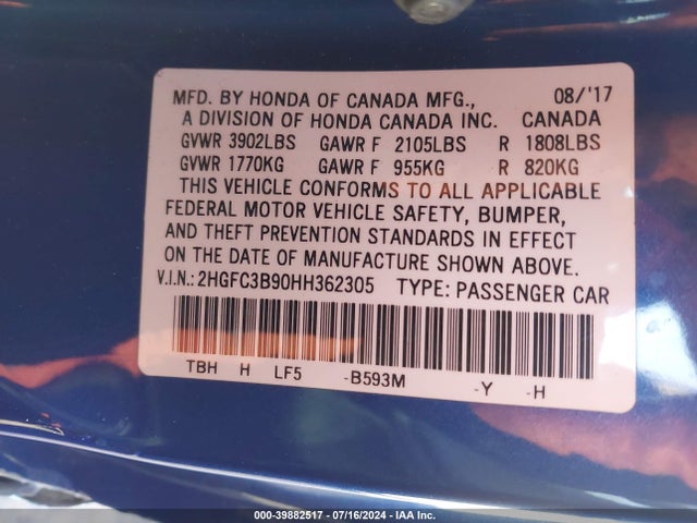 Honda Civic Touring 2017 2HGFC3B90HH362305 Image 9