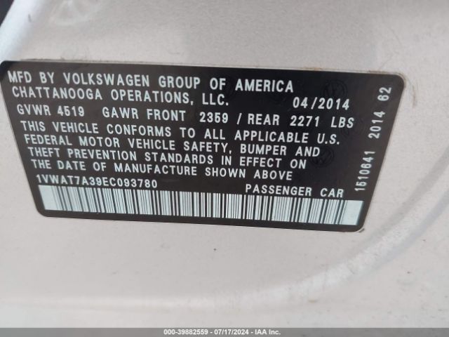 1VWAT7A39EC093780 Volkswagen Passat 1.8t Wolfsburg Edition