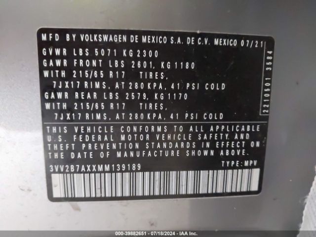 3VV2B7AXXMM139189 Volkswagen Tiguan 2.0t Se/2.0t Se R-line Black/2.0t Sel