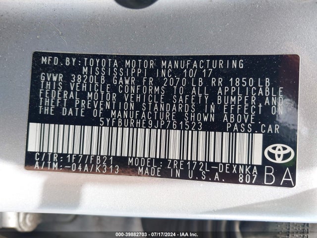 5YFBURHE9JP761523 Toyota COROLLA LE