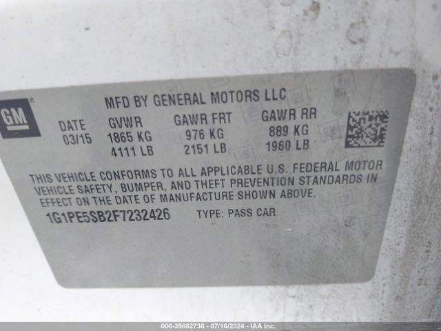 1G1PE5SB2F7232426 Chevrolet Cruze 2lt Auto