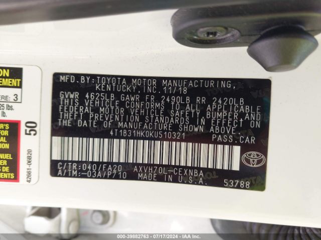 4T1B31HK0KU510321 Toyota Camry Hybrid Le