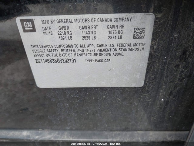 Chevrolet IMPALA 2LZ 2016 2G1145S33G9202191 Image 9