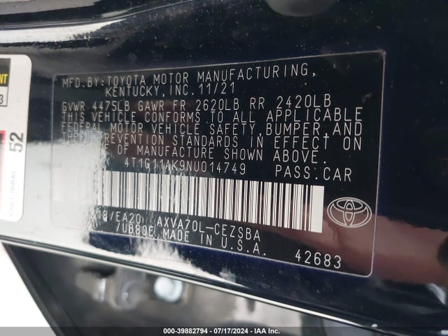 Toyota CAMRY SE 2022 4T1G11AK9NU014749 Image 9