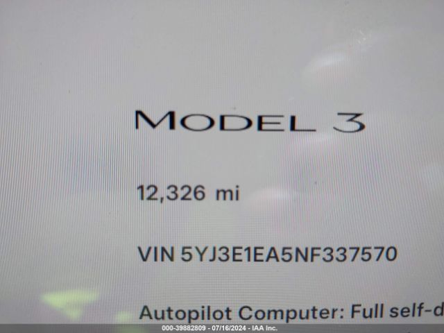 5YJ3E1EA5NF337570 Tesla Model 3 Rear-wheel Drive