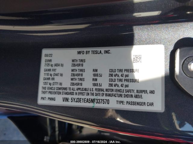 5YJ3E1EA5NF337570 Tesla Model 3 Rear-wheel Drive
