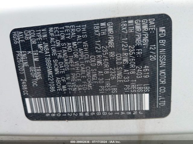 JN8AT3BB6MW221086 Nissan Rogue Sv Intelligent Awd