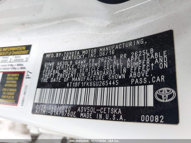 Toyota CAMRY SE 2016 4T1BF1FK6GU265445 Image 9