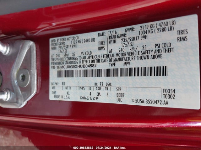 Ford ESCAPE SE 2017 1FMCU0G9XHUB04582 Image 9