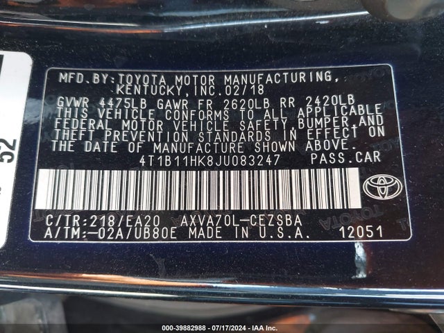 Toyota CAMRY SE 2018 4T1B11HK8JU083247 Image 9
