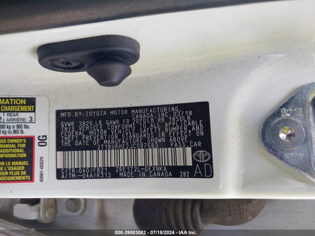 Toyota COROLLA LE 2018 2T1BURHE2JC087683 Image 9