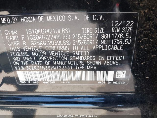 3CZRZ1H39PM723431 Honda Hr-v 2wd Lx