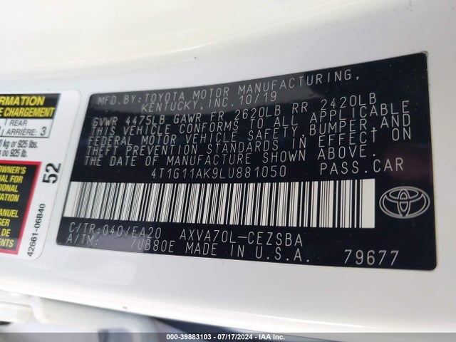 Toyota CAMRY SE 2020 4T1G11AK9LU881050 Image 9