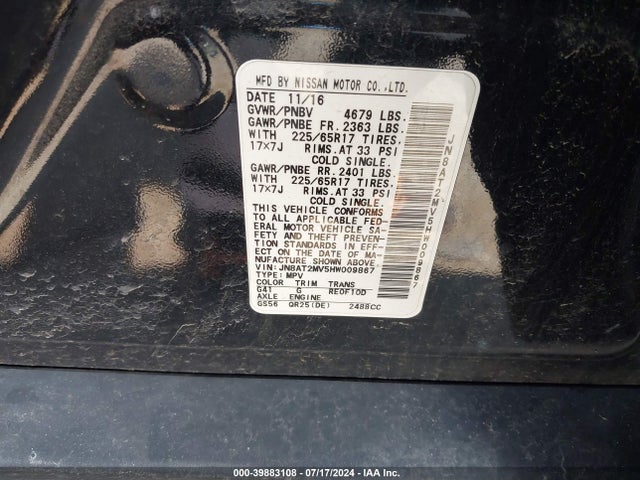 Nissan ROGUE SV 2017 JN8AT2MV5HW009867 Image 9
