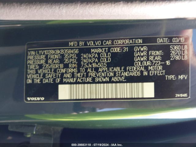 LYV102RK8KB358456 Volvo Xc60 T5 Momentum