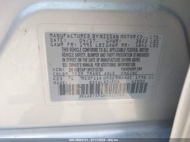 Nissan SENTRA SV 2017 3N1AB7AP1HY315784 Image 9