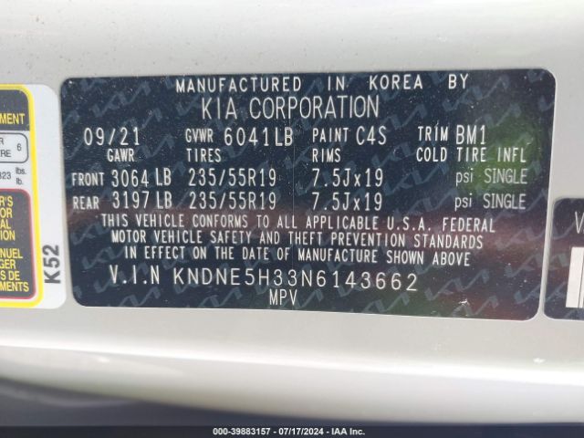 KNDNE5H33N6143662 KIA Carnival Mpv Sx
