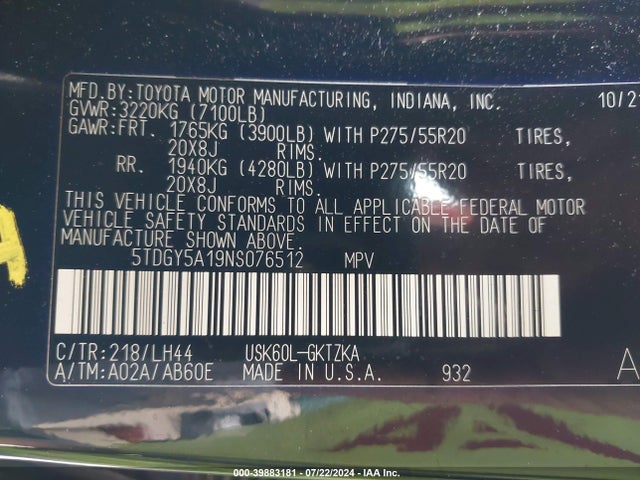 Toyota Sequoia Platinum 2022 5TDGY5A19NS076512 Image 9