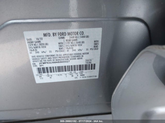 Ford EDGE SEL 2022 2FMPK4J98NBB05027 Image 9