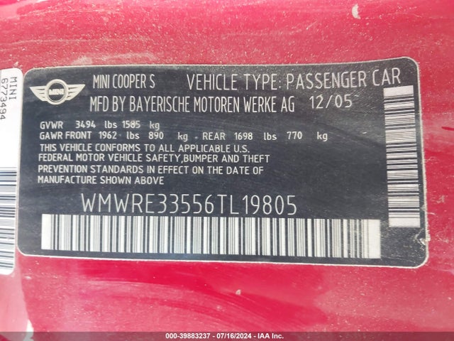 2006 MINI COOPER S WMWRE33556TL19805 Photo 8
