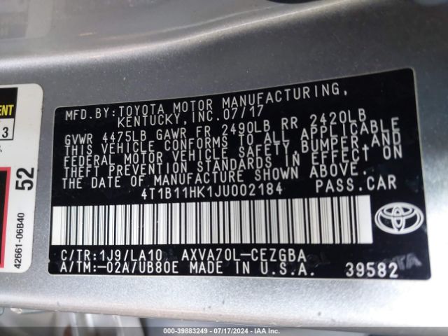 4T1B11HK1JU002184 Toyota CAMRY XLE