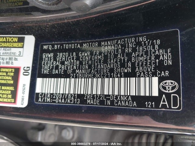 Toyota COROLLA LE 2019 2T1BURHE3KC211641 Image 9