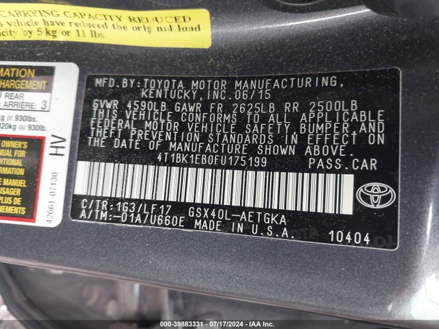 Toyota Avalon Xle Premium 2015 4T1BK1EB0FU175199 Image 9