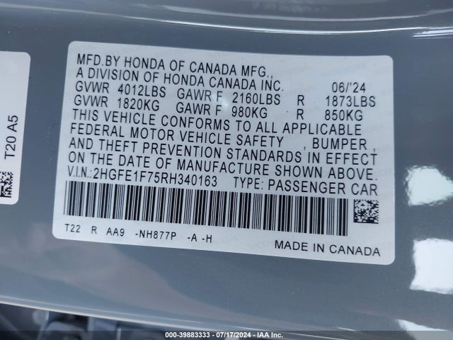 Honda CIVIC EX 2024 2HGFE1F75RH340163 Image 9