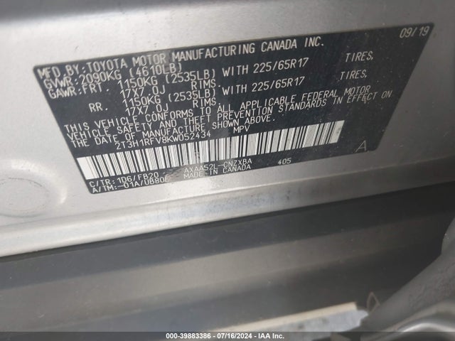 Toyota RAV4 LE 2019 2T3H1RFV8KW052434 Image 9