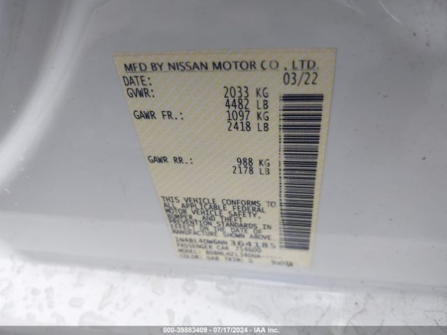 1N4BL4DW6NN364185 Nissan Altima Sv Intelligent Awd