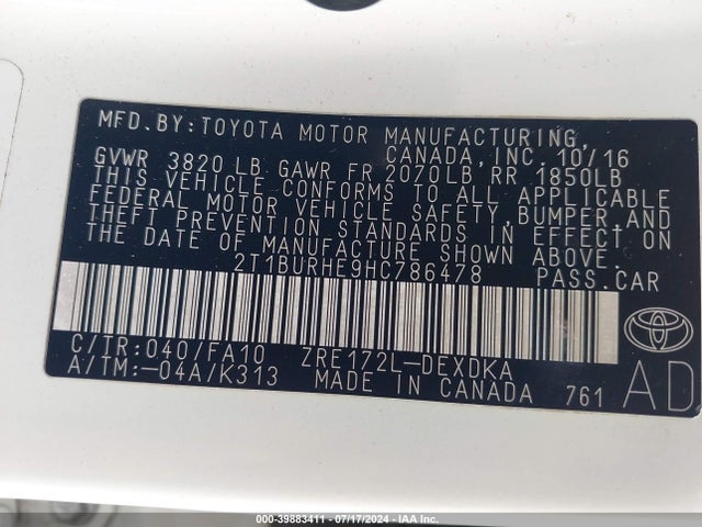 Toyota COROLLA L 2017 2T1BURHE9HC786478 Image 9