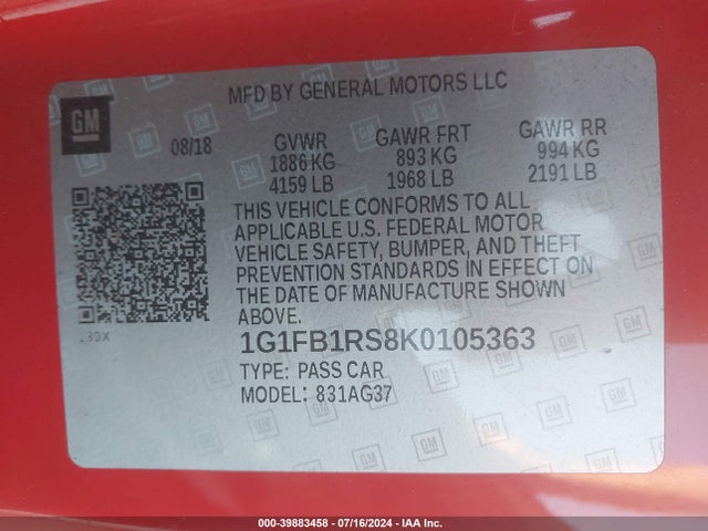 Chevrolet Camaro 1lt 2019 1G1FB1RS8K0105363 Image 9