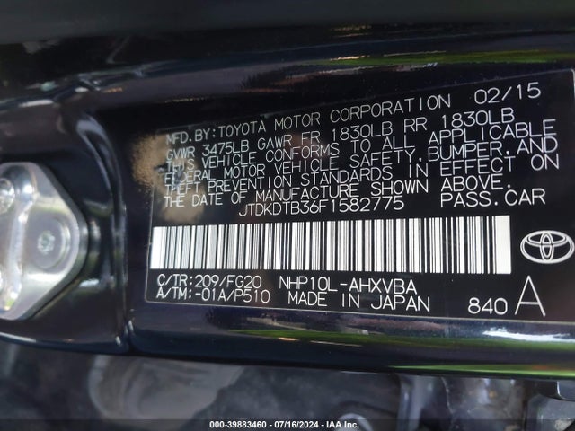 Toyota Prius C Two 2015 JTDKDTB36F1582775 Image 9