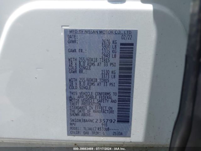 5N1DR3BA4NC235792 Nissan Pathfinder Sv 2wd