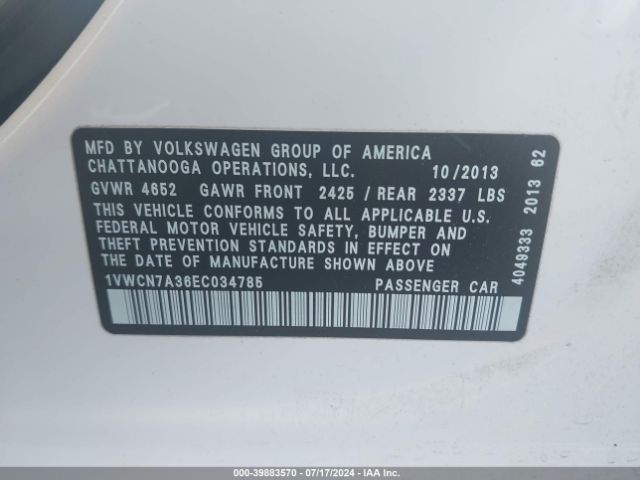 1VWCN7A36EC034785 Volkswagen Passat 2.0l Tdi Sel Premium